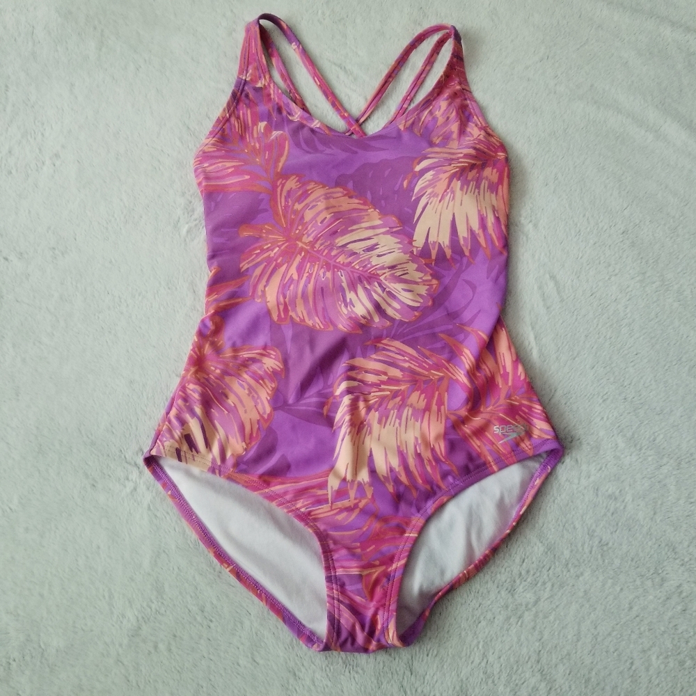 SPEEDO Pastel Tropical Print Cross Back Swimsuit Size 8